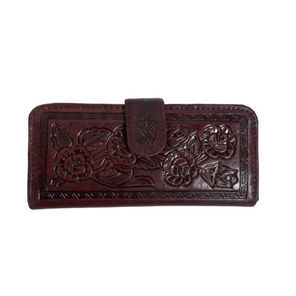 Vtg. Genuine Leather Tooled Flower Brown Multi Card Change Mirror Bi-Fold Wallet - Picture 1 of 9